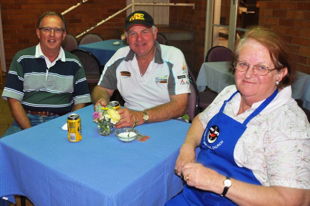 Ken O'Keefe, Brian Collard and Betty Mazzanti at the Uniting Church Fair in Muswellbrook on Saturday, October 18.