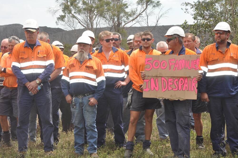 ANGER:  Mineworkers at Drayton Coal Mine now face an uncertain future after the mine’s expansion proposal was rejected by the Planning Assessment Commission this week.  They are pictured at the mine site on Thursday.