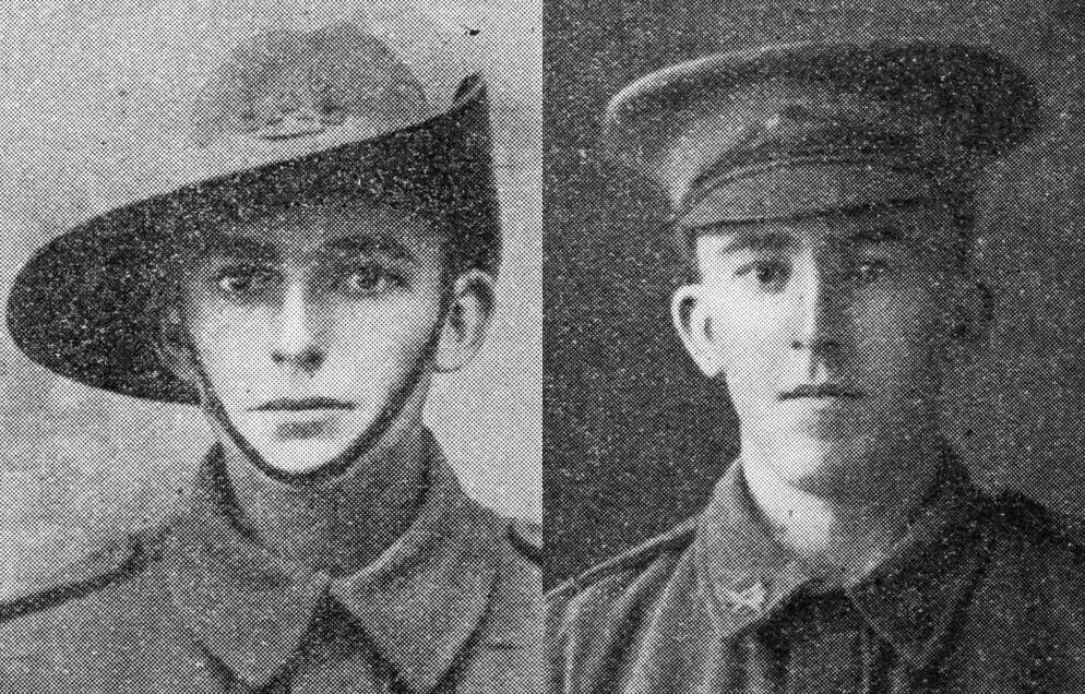 Keith Taylor Luscombe, 19 (left), and Broughton Taylor Luscombe, 26.  The brothers died nine months apart during WWI.  Pic: Courtesy Australian War Memorial collection.  ID Numbers P08624.075 and P08624.074.