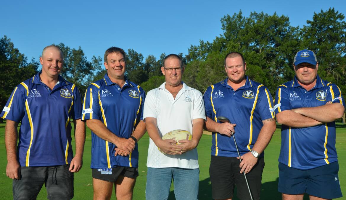LOCAL KNOWLEDGE: Muswellbrook Golf Club captain Dale Snow (centre) with Muswellbrook Rams coaches John Deakin (reserve grade), Steve Haylen (first grade), president Kurt Dial and Gary Jones (first grade). Absent: Mick Deakin (reserve grade), Paul Benkovic (under-18s) and Mick Barnes (under-18s).