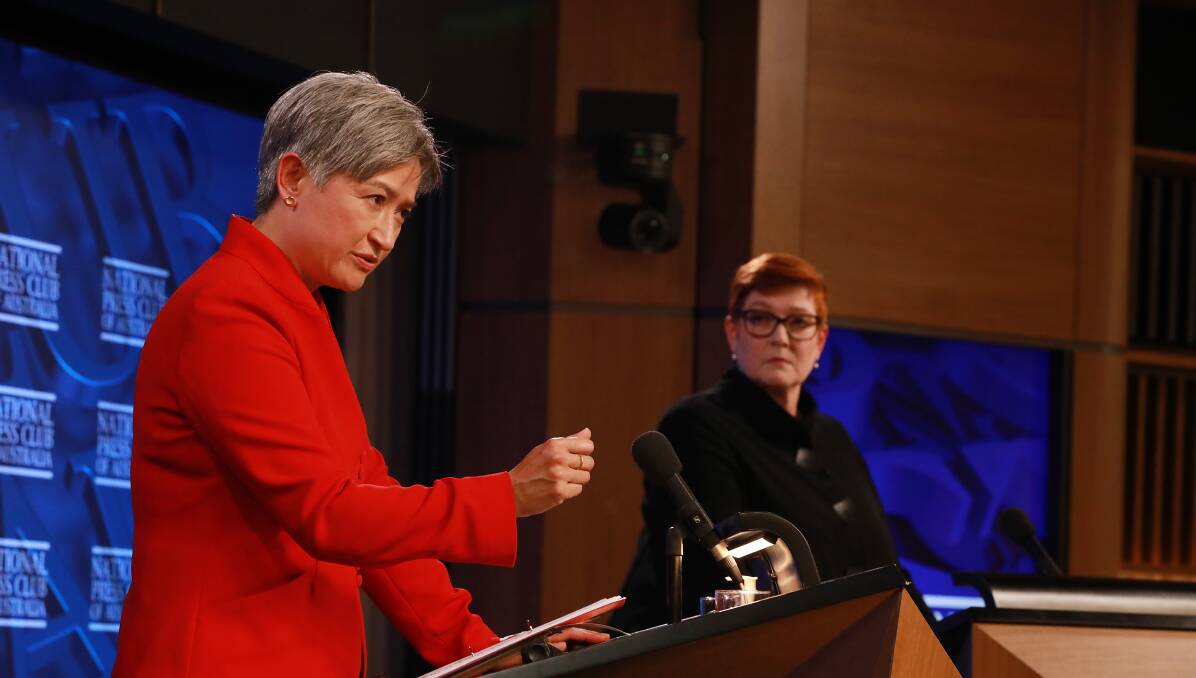Labor's foreign affairs spokeswoman Penny Wong, now the minister, addresses the National Press Club's foreign policy debate during the campaign. Picture: AAP