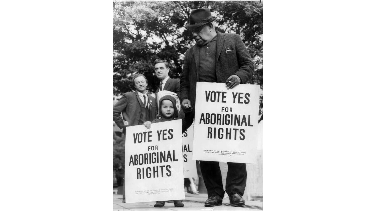 Bill Onus, president of the Victorian Aborigines' Advancement League (right), marches for a Yes vote in the referendum of 1967. Picture: AAP/National Library of Australia